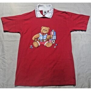 Gopher Sport VTG Americana Bear Made In USA Graphic Collared Polo Red Shirt Sz L